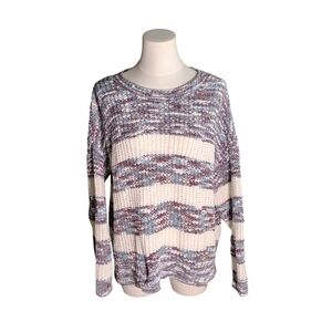 SO Soft Striped Purple Blue and Cream Waffle Knit Scoop Neck Sweater Size XXL